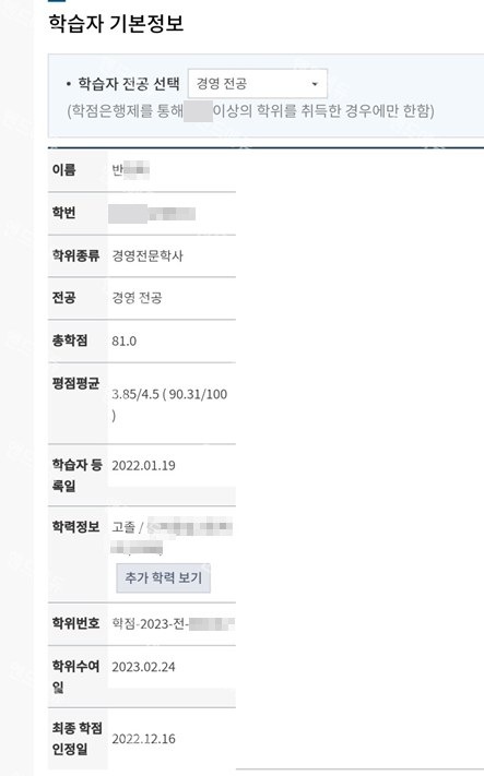 학점은행제 경영 전공 학습자 정보 (경영전문학사 · 평점 3.85/4.5)