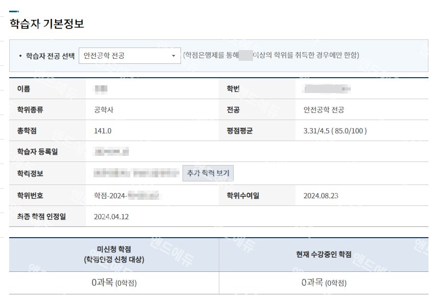 학점은행제 안전공학 전공 학습자 정보 (공학사 · 총학점 141)