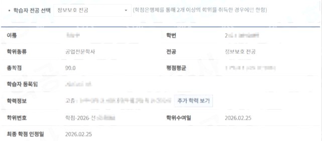 학점은행제 정보보호 전공 학습자 정보 (공업전문학사 · 총학점 90)